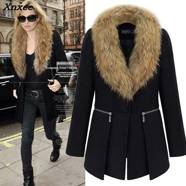 

Women autumn winter long woolen coat big fur collar slim outerwear female warm woolen windbreaker casual trench coats