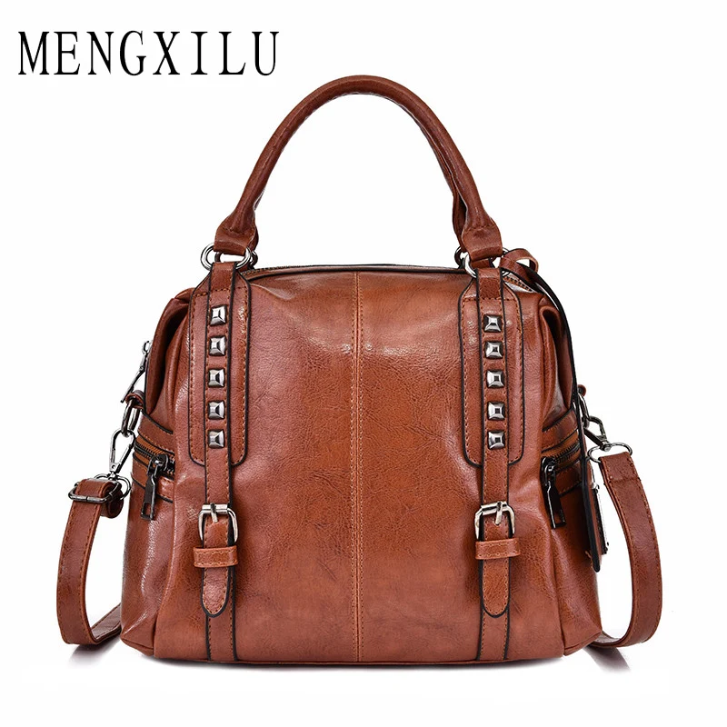

Brand Women Leather Designer Luxury Handbags Casual Brown Tote Bags Ladies Crossbody Bag Vintage Rivet Female TOP Handle Bag