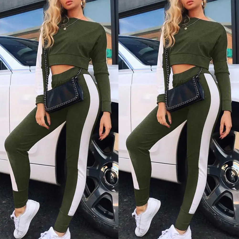 

Fashion 2Pcs Womens Tracksuit Sets Side Stripe Crop Top Long Sleeve Hoodies + Jogger Sweatpants Set Sport Lounge Wear Suit