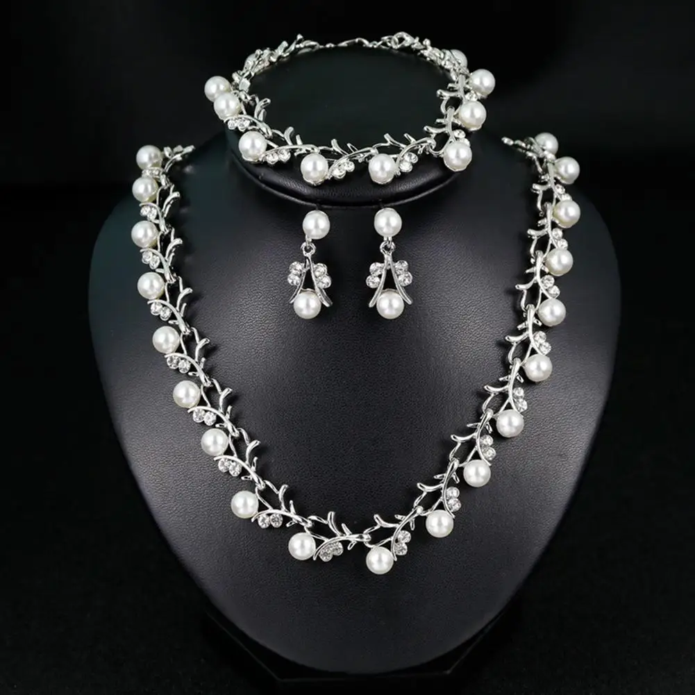 

Women Bride Faux Pearl Rhinestone Necklace Stud Earrings Bracelet Jewelry Set
