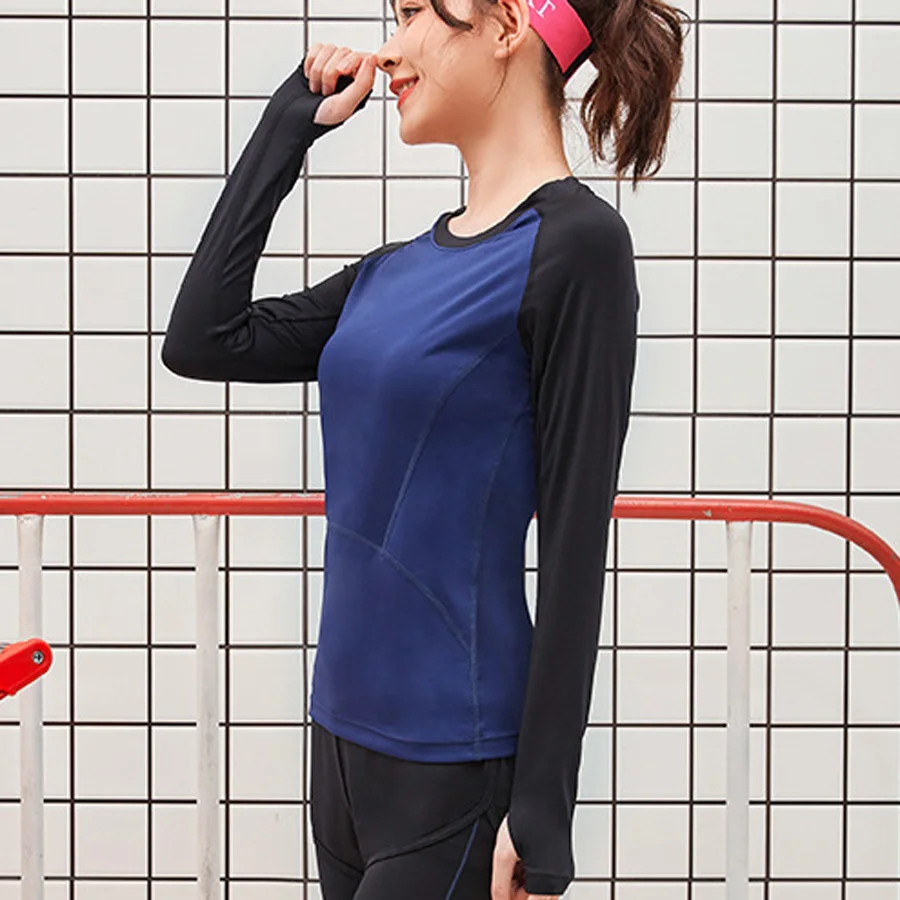 BESGO контрастного цвета с круглым вырезом женский топ для йоги лайкра большой палец с отверстиями и длинными рукавами быстросохнущая высокая эластичная тренировка Женская Спортивная кофта