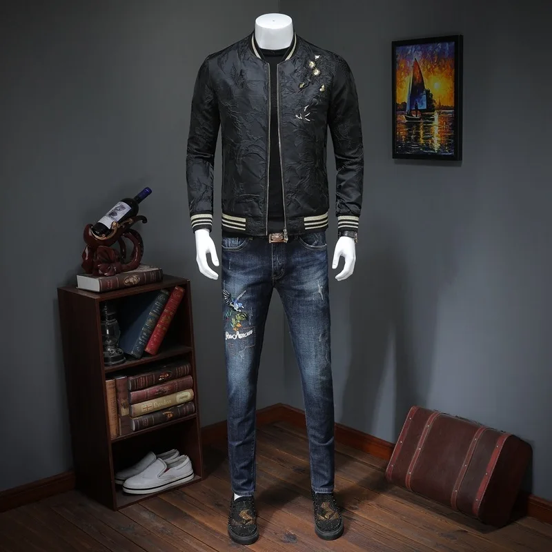 Вышивка черный пиджак Для мужчин модные Повседневное Slim Fit ветровка Стенд