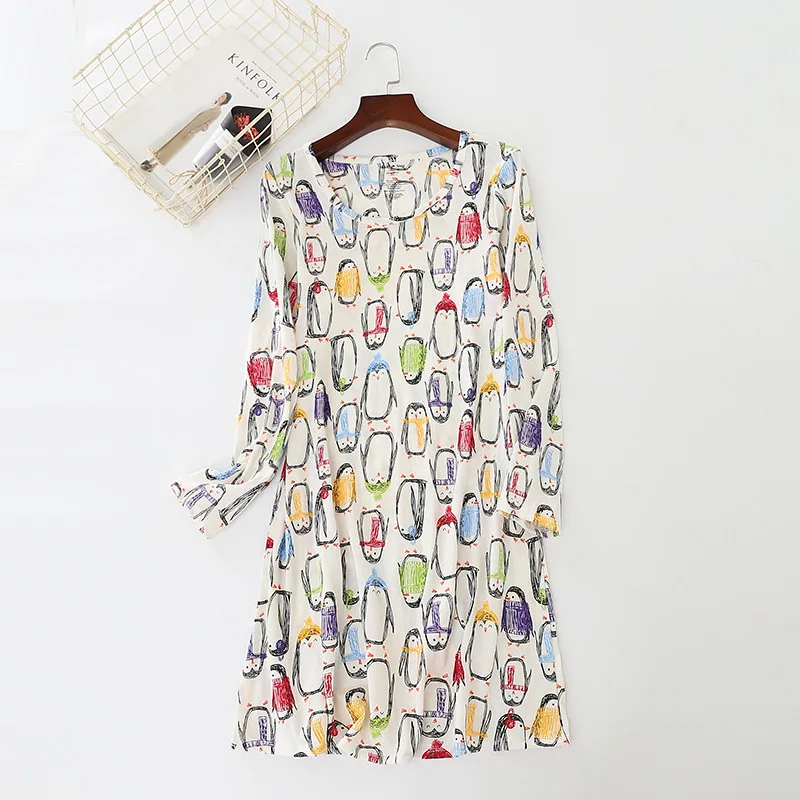 

New Long Sleeve Sleeping Skirt Autumn Home Dresses Multi-color Cotton Nightgowns Women Cotton Night Gown Cartoon Sleepshirts