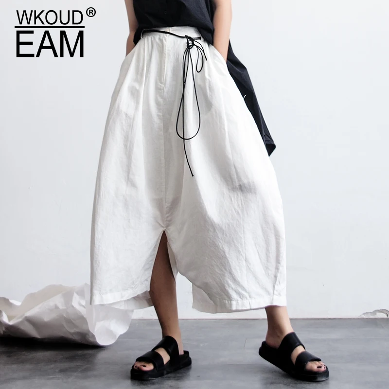 

WKOUD EAM 2019 New Spring High Elastic Waist White Loose Big Size Long Cross-pants Women Trousers Fashion All-match JG0