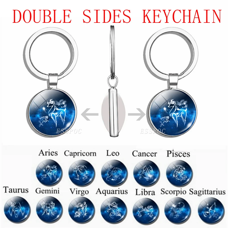 

12 Constellations Zodiac Horoscope Star Double Sides Keychain Glass Cabochon Fashion Pendant Key Chain Women Men Birthday Gifts