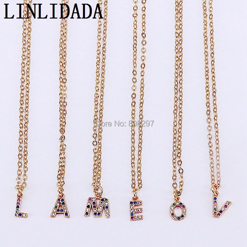 

20Pcs Wholesale Fashion Gold Color Micro Pave Colorful Cubic Zirconia A-Z letter Pendants Charms Necklaces