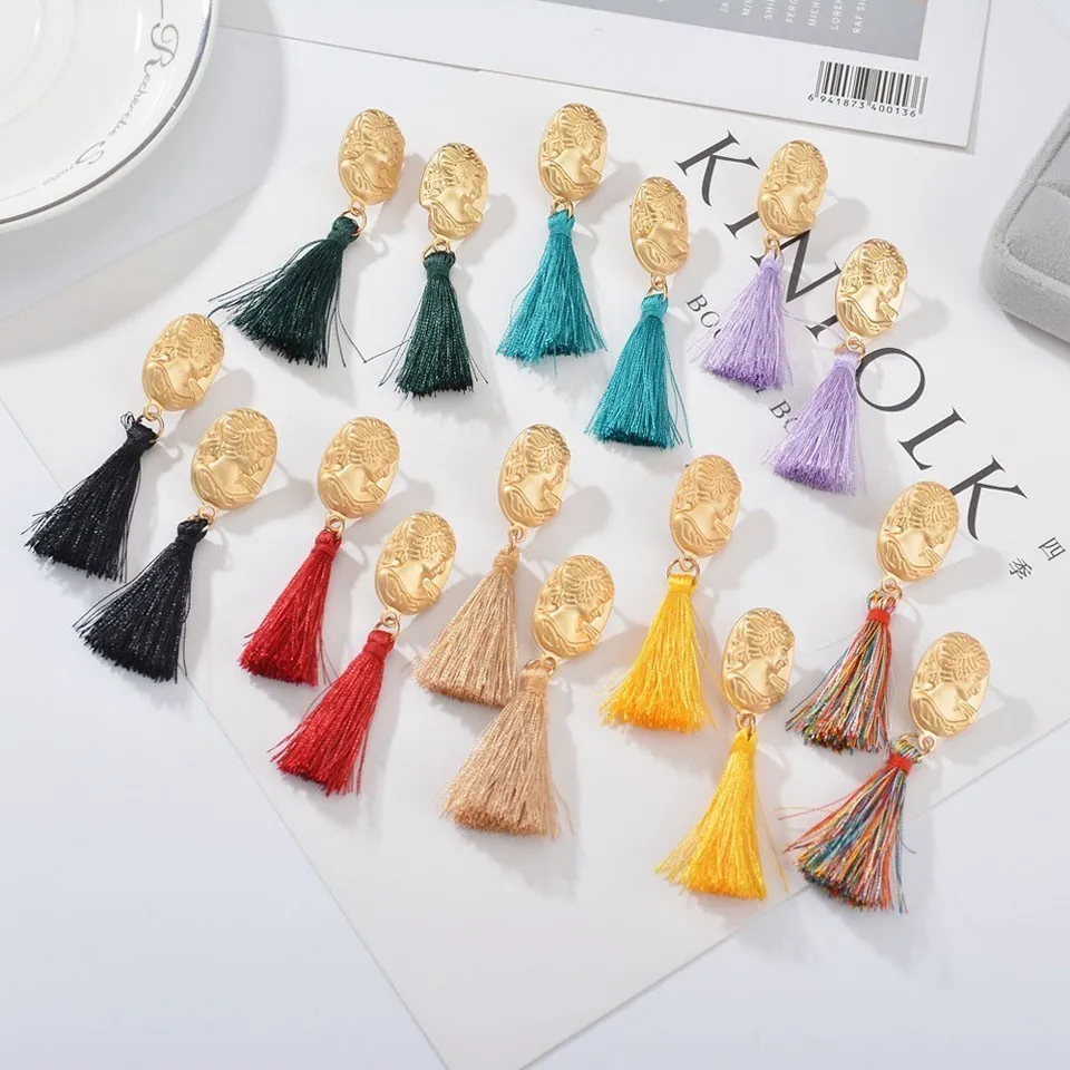 

Trendy Beautiful Lady Avatar Tassel Earrings For Women Gold Round Lady Design Tassel Handmade Winter Wedding Jewelry Earings
