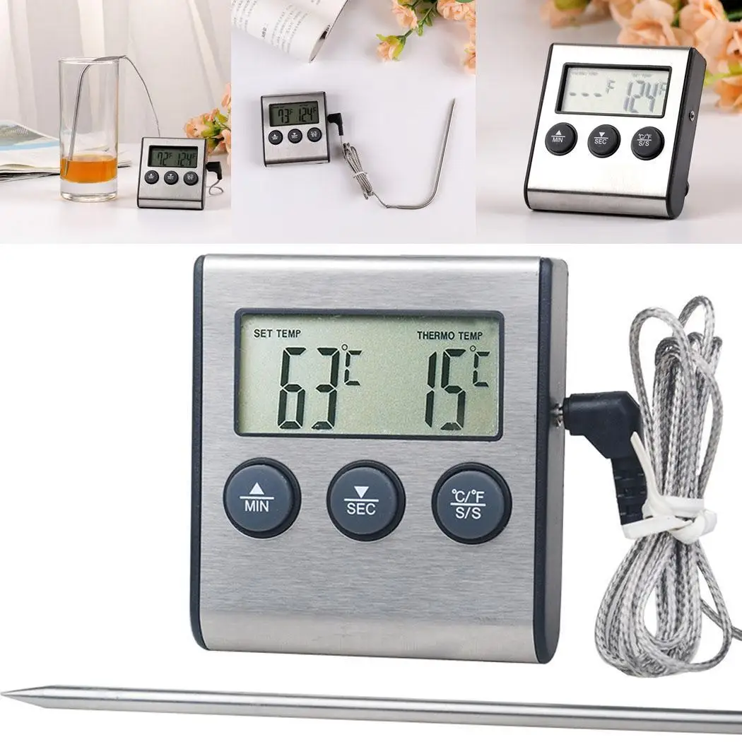 Large LCD Digital Probe Food Meat Thermometer Convenient and durable screen Silver for Kitchen BBQ |
