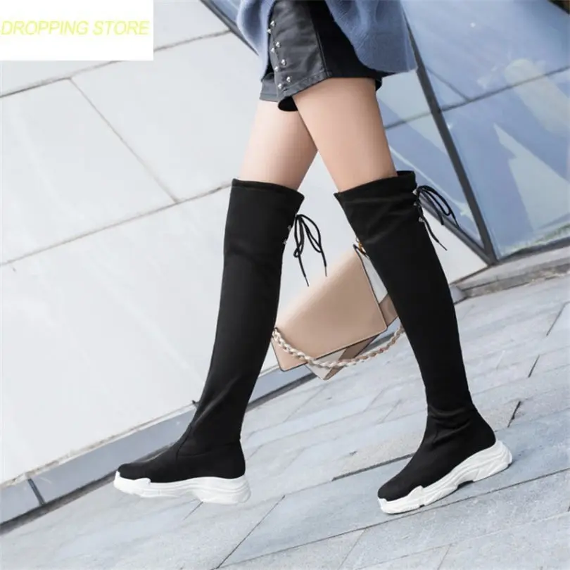 

New Women Flock Wedges High Heel Over The Knee High Riding Booties Stretch Winter Warm Sneaker Platform Party Pumps