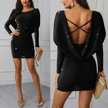 Сексуальное однотонное облегающее женское платье с круглым вырезом и открытой спиной, с длинным рукавом, с блестками, с открытой спиной, облегающее платье, вечерние, клубная одежда