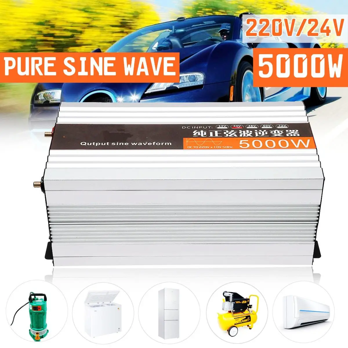  5000W 60Hz Portable Car Power Inverter Charger Converter Adapter Pure Sine Wave Dual LED Display 12