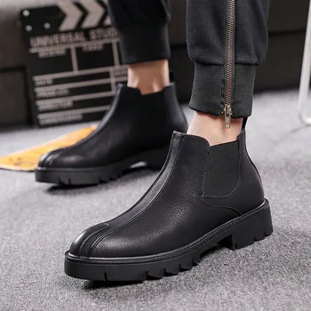 

Fashion Microfiber Round Toe Chelsea Boots Men Slip-On Low Retro Boots Solid Totem Spring Autumn Casual Motorcycle Shoes