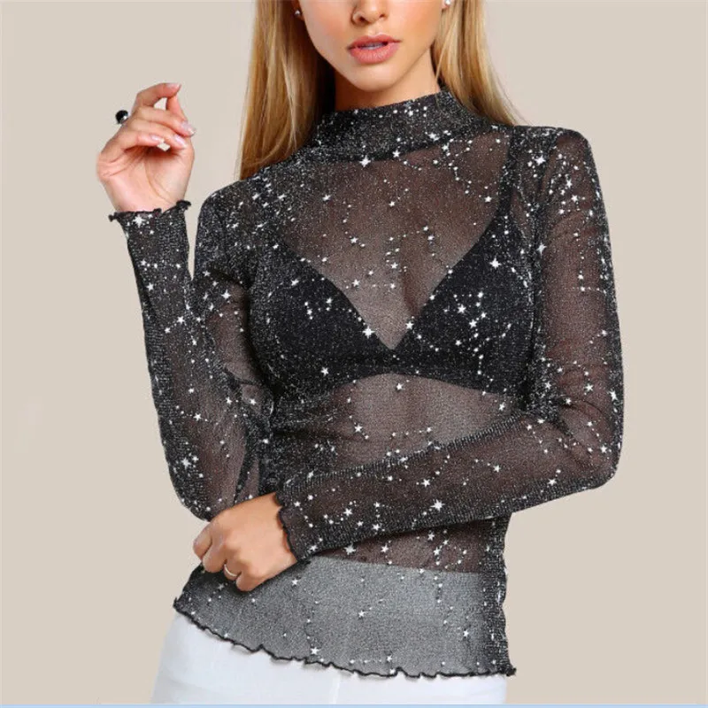 hirigin Sexy Women Mesh Sheer See through Blouse Black Long Sleeve Tops