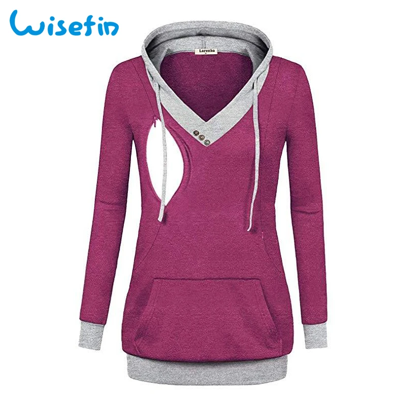 Wisefin Long Sleeve Nursing Top Pregnant Shirt Pocket Breastfeeding Clothes Hoodies Maternity Tops Pregnancy T Shirt Nursing Tee