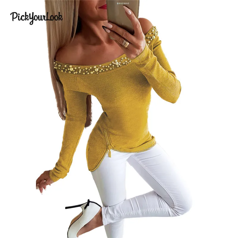 Pickyourlook النساء البلوزات طويلة الأكمام الخريف محبوك قمم قميص تيشرت السيدات سستة قبالة الكتف الإناث قمم قميص