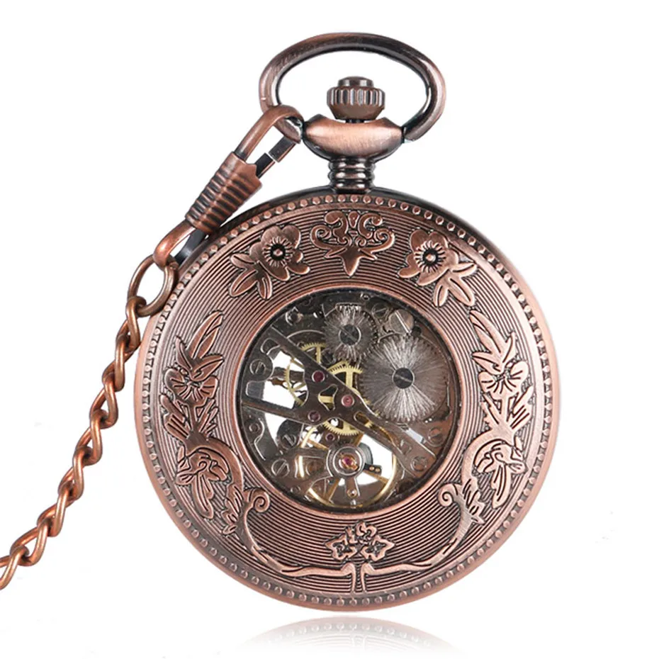 Rose Gold Hollow Half Hunter Mechanical Pocket Watch for Women Men Vintage Pocket Pendant Chain Roman Numeral Hand Winding Clock