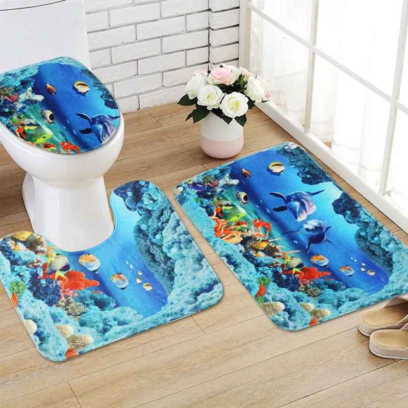 

3 Pieces Bathroom Living Room Anti-Slip Dolphin Pedestal Rug + Lid Toilet Cover + Bath Mat Ocean Decoration Carpet