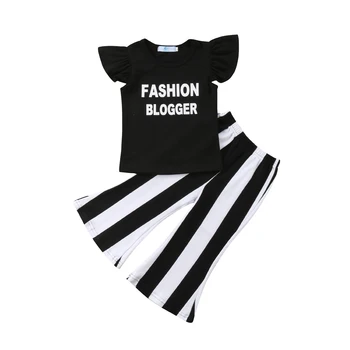 

Kid Baby Girl Fashion Clothes Ruffle Fky Sleeve Top+Flared Black Striped Pants Leggings Clothes Outfits