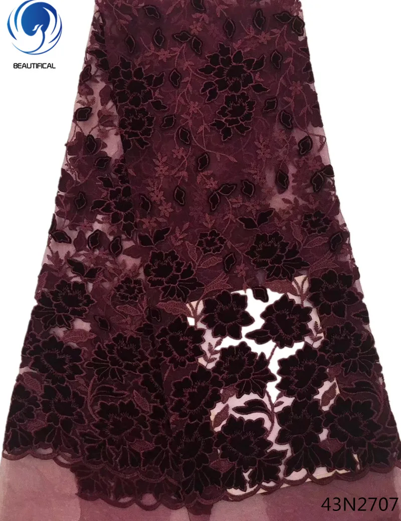

Beautifical Velvet Fabric African Lace Fabric African Tulle Lace Fabric With Flower Pattern For Wine Red Evening Dress 43N27