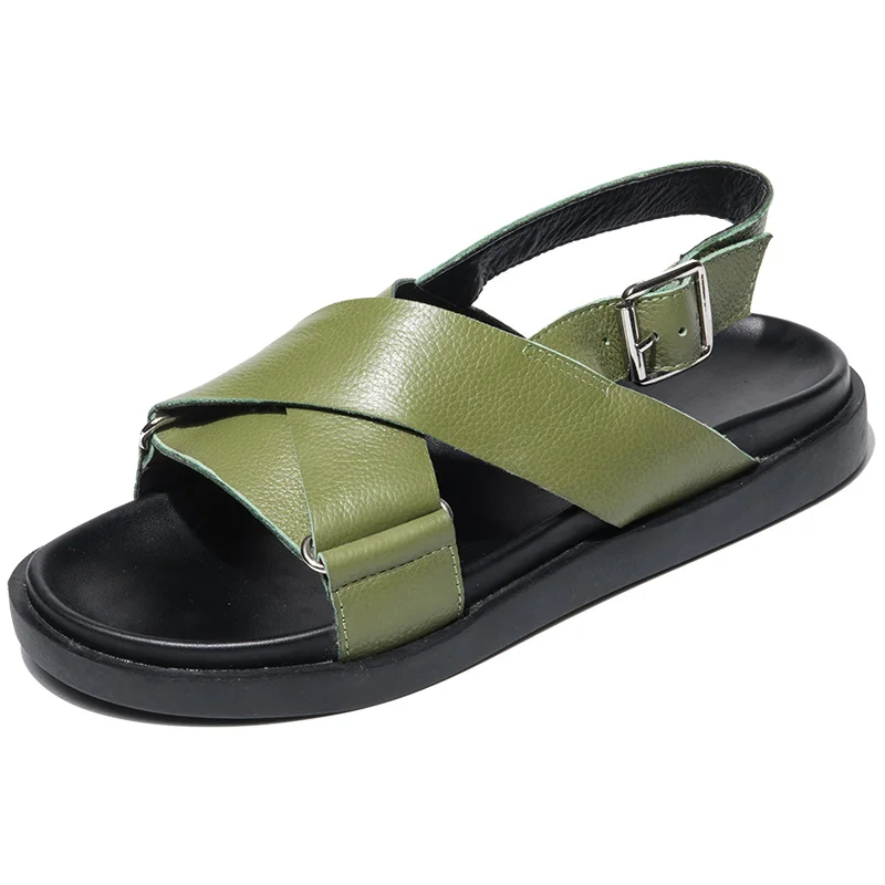 

2019 New Quality Summer Men's Sandals Genuine Leather Roma Gladiator Buckle Strap Beach Shoes Green