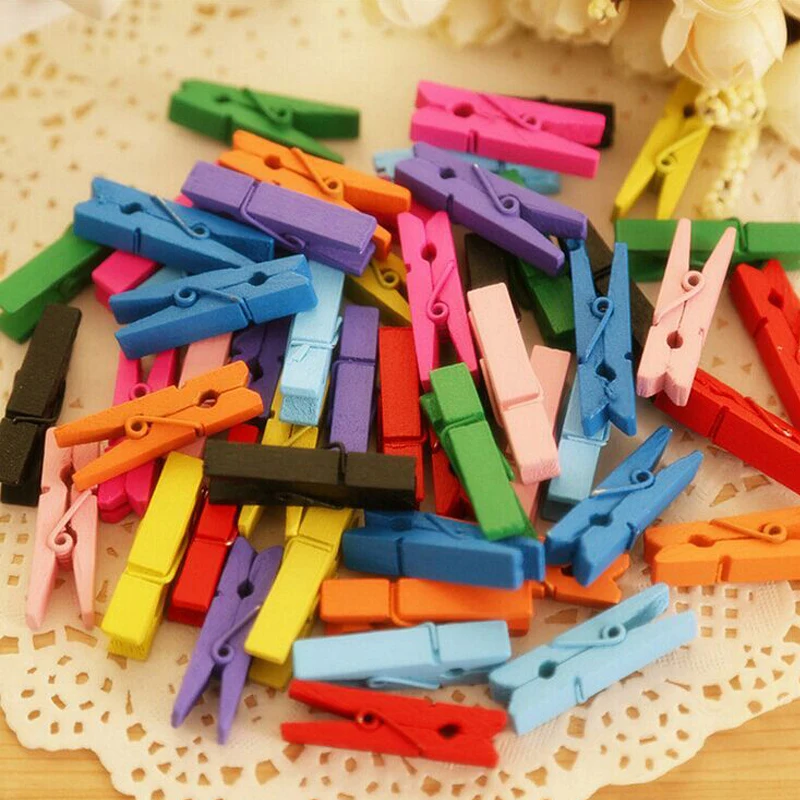 100PCS 25mm Mini Color Wooden Craft Pegs Clothes Paper Photo Hanging Spring Clips Clothespins For