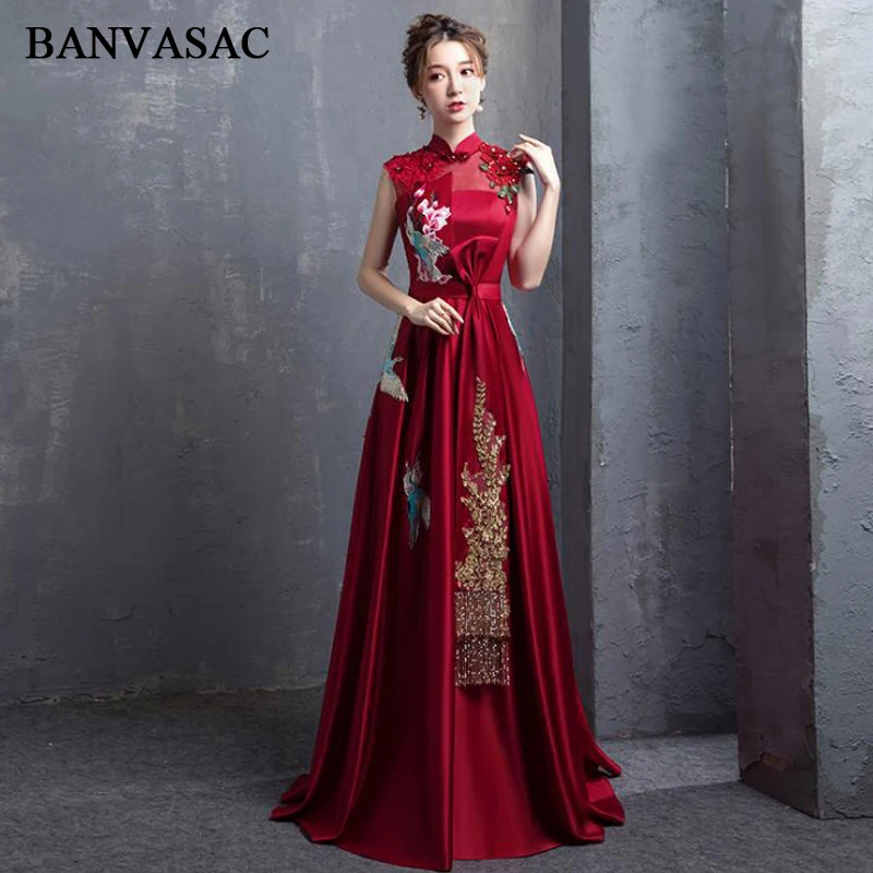 

BANVASAC Crystal High Neck Lace Appliques Long Evening Dresses Satin A Line Bow Sash Backless Party Prom Gowns