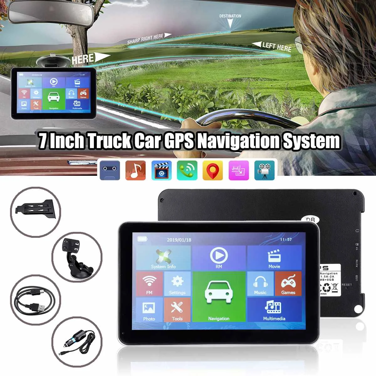 

7 Inch Touches Screen Car Truck GPS Navigation System Portable 8GB 128M HD 3D Map View, Lane Assist, Lifetime Map Updates