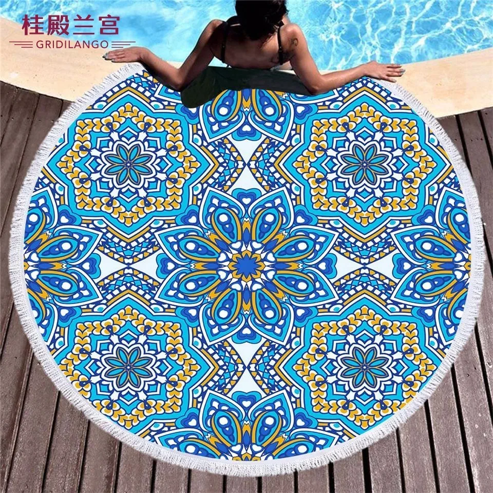 

GRIDILANGO Mandala Bohemian Geometric Color Round Beach Towel For Adult Microfiber Swimming Travel Blanket Bath Towel Dropship