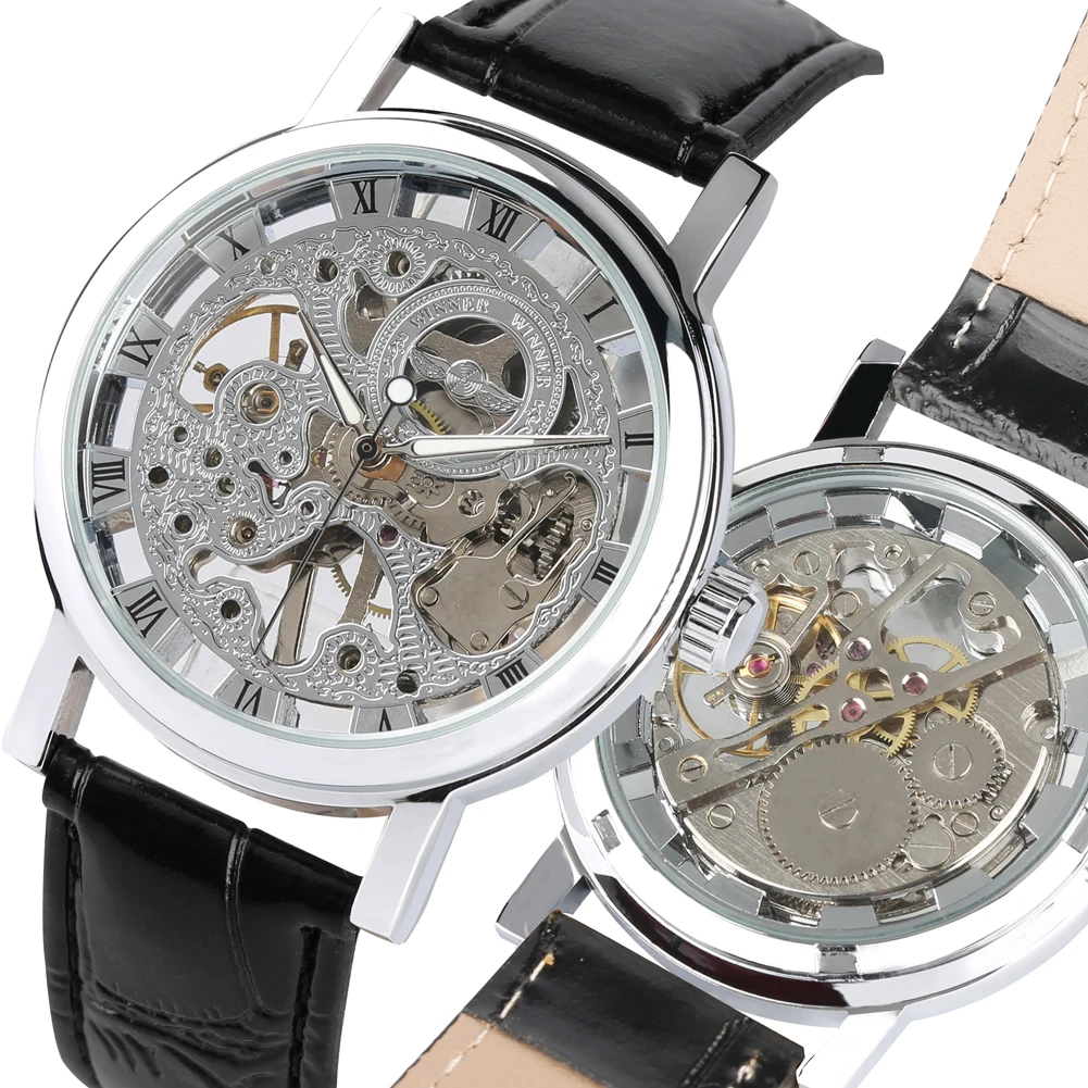 

Transparent Skeleton Mechanical Wrist Watch Business Style Clock Hand Wind Watches With Leather Band Male Gift relogios masculio