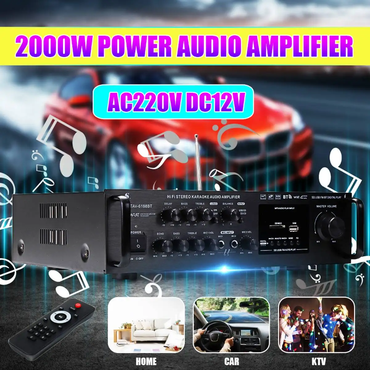 

12V/ 220V 20Hz-40KHz 2CH Home Stereo Power Amplifier Audio Karaoke Car Hi-Fi FM Amplifier US Plug With Remote Control
