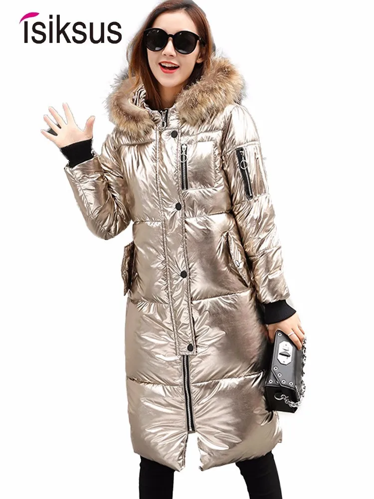 Isiksus Серебряная стеганая теплая зимняя куртка для женщин длинные большой размеры толстые меховые шубы с капюшоном пуховики и парки для WP026