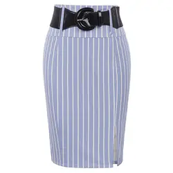 BP юбка для женщин в тонкую полоску Высокая талия с поясом украшенные бедра завернутый Bodycon Юбка Карандаш офис