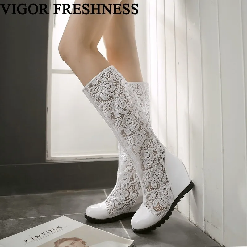 

VIGOR FRESHNESS Boots Women Shoes Spring Mid Calf Summer Boots Woman Lace Shoes Ladies Cutout Shoes Fashion Boots Autumn MY200