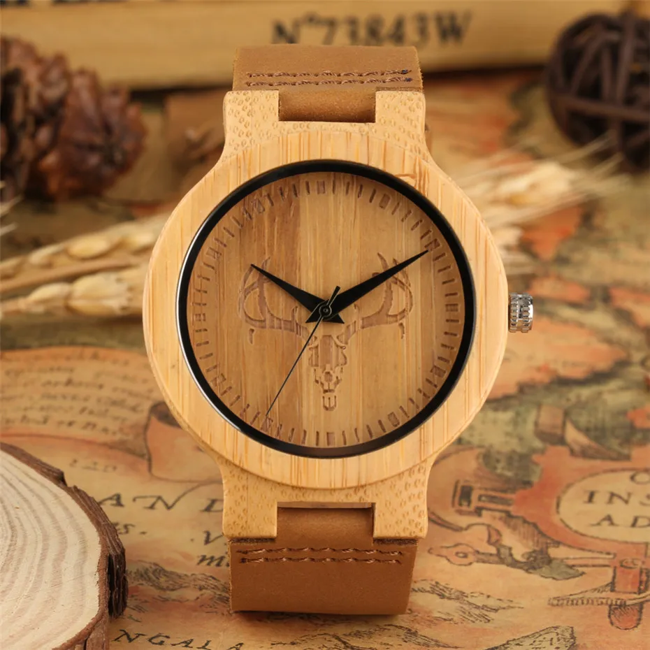 Уникальный голова оленя дизайн для мужчин s часы пояса из натуральной кожи человек часы модные простые вырезанные из дерева часы для мужчин