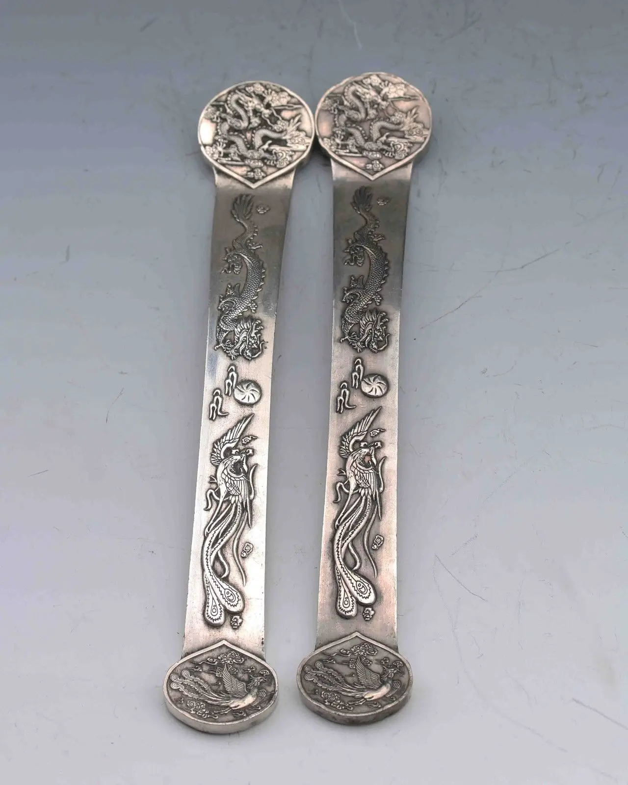 Tibetan Silver Hand-Carved Dragon&Pheonix Ruyi Statue