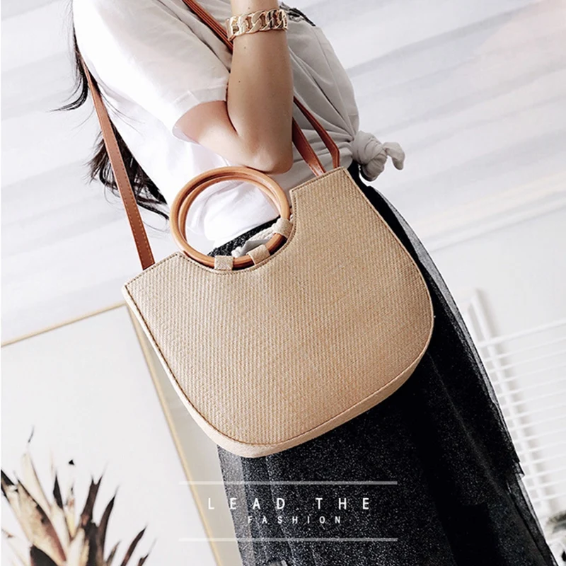

ABDB-Rattan Bag Women Summer Straw Bag Fashion European And American Beach Bag Qoven Solid Wood Wild Shoulder Messenger Bag(B