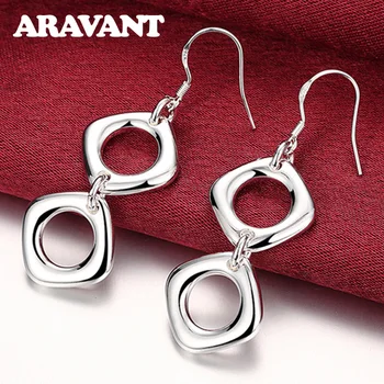 

925 Silver Drop Earrings For Women Simple Double Square Wedding Jewelry Best Gift