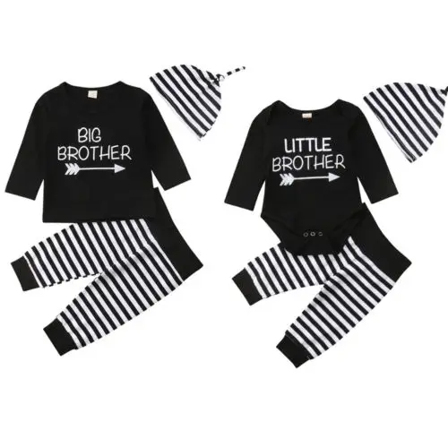 

New Spring Autumn Big/Little Brother Matching Set Baby Boy Letter Long Sleeve Tops Stripe Pants Hat Outfit Clothes Set