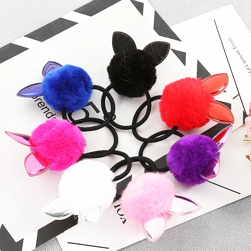 

Sale 1PC Cute Cat Ear Hair Rope For Kids PomPom Rabbit Fur Ball Girls Hair Accessories