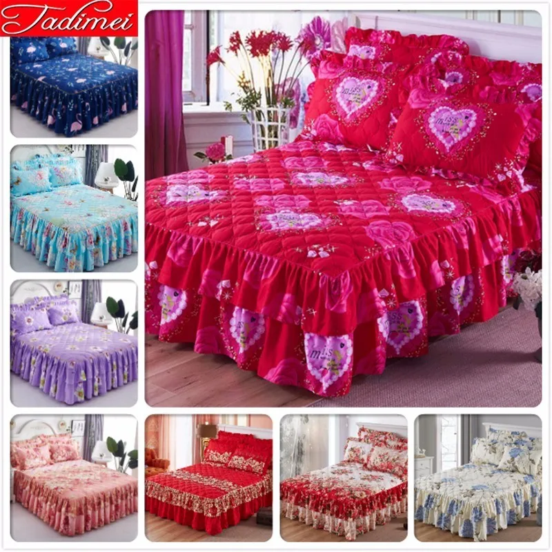 

Lover Couple Girl Red Thick Quilted Sheet Winter Warm Bed Skirt Coverlet Single Twin Full Queen Size Bedspreads Princess 180x220