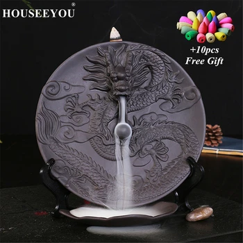 

10pcs Incense Cones + Dragon Dish Backflow Incense Burner Ceramic Waterfall Incense Cone Holder Censer Aroma Smoke Flow Furnace