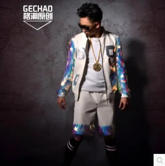 

S-5XL ! 2017 New Nightclub Men's singer DG DJ Fashion PU spliced large sequined baseball suits jacket shorts set stage costumes