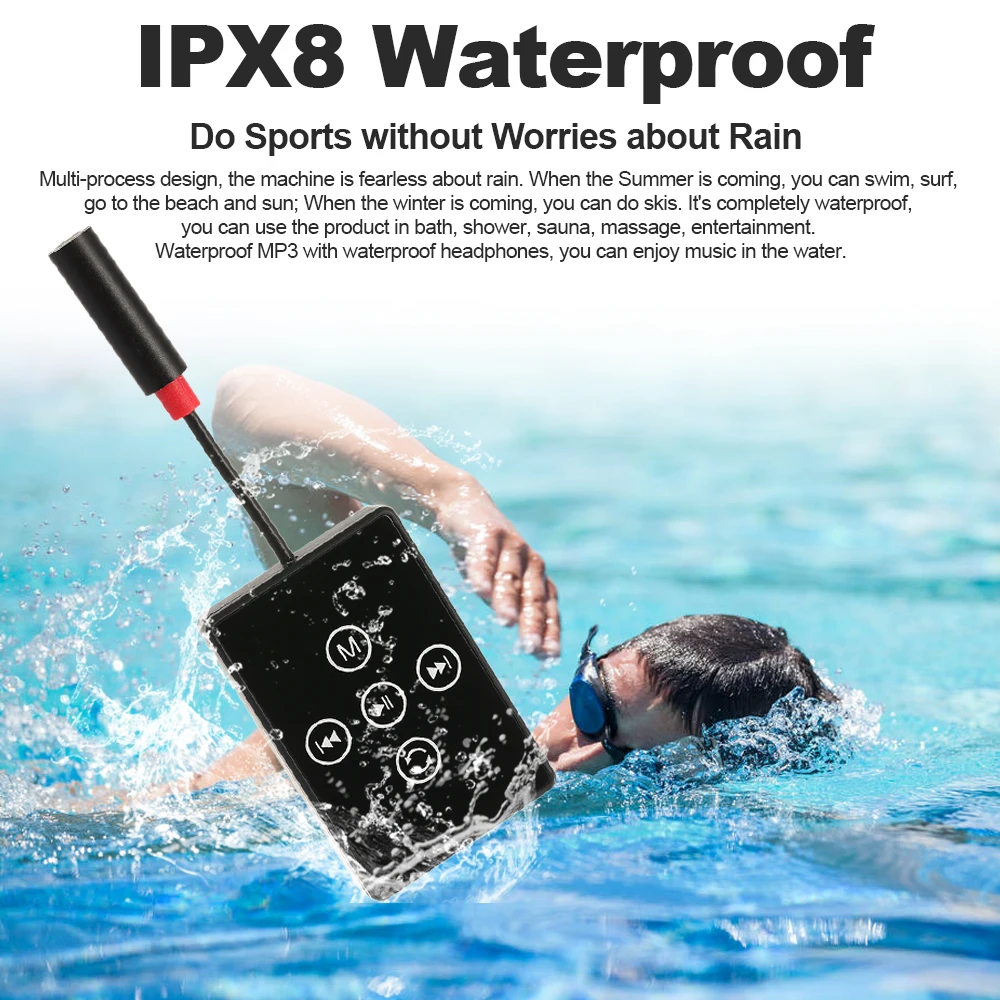 MP3 плеер 8 Гб IPX8 водонепроницаемый музыкальный с наушниками спортивный FM радио