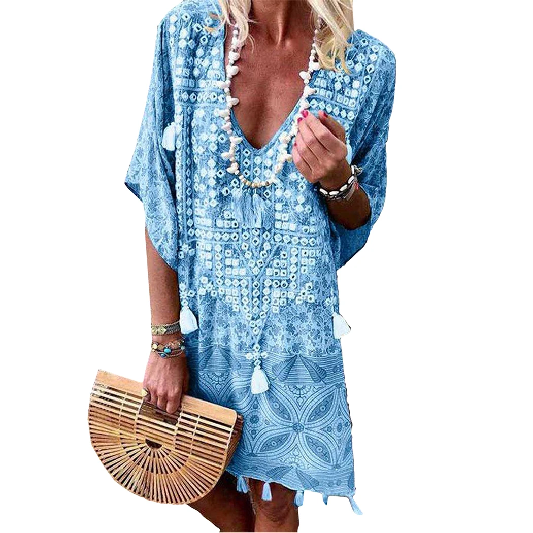 Женское платье с кисточками Boho винтажное большого размера коротким рукавом и