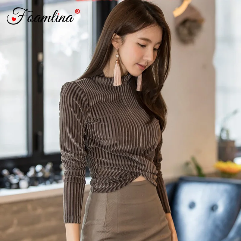 

Foamlina Elegant Women's Velvet Short Top New Spring Autumn Long Sleeve Criss-cross Front Slim Fit Striped Crop Top T-Shirt