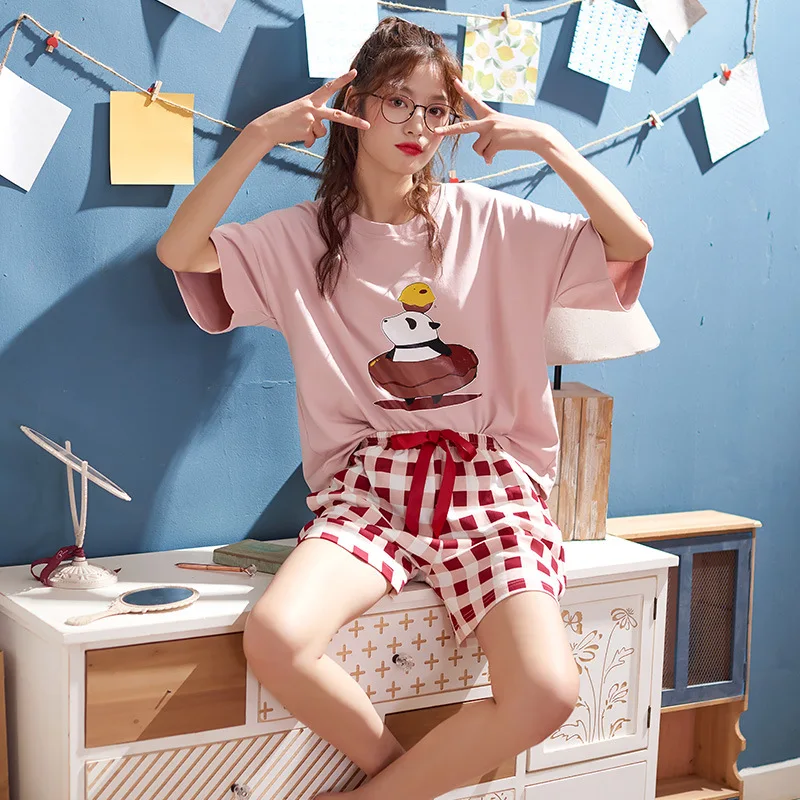 

2019 Cotton Pajamas For Women Summer Nightgown Short Sleeve Nightwear Cute Print Pyjamas Soft Sleepwear Loose Home Clothing