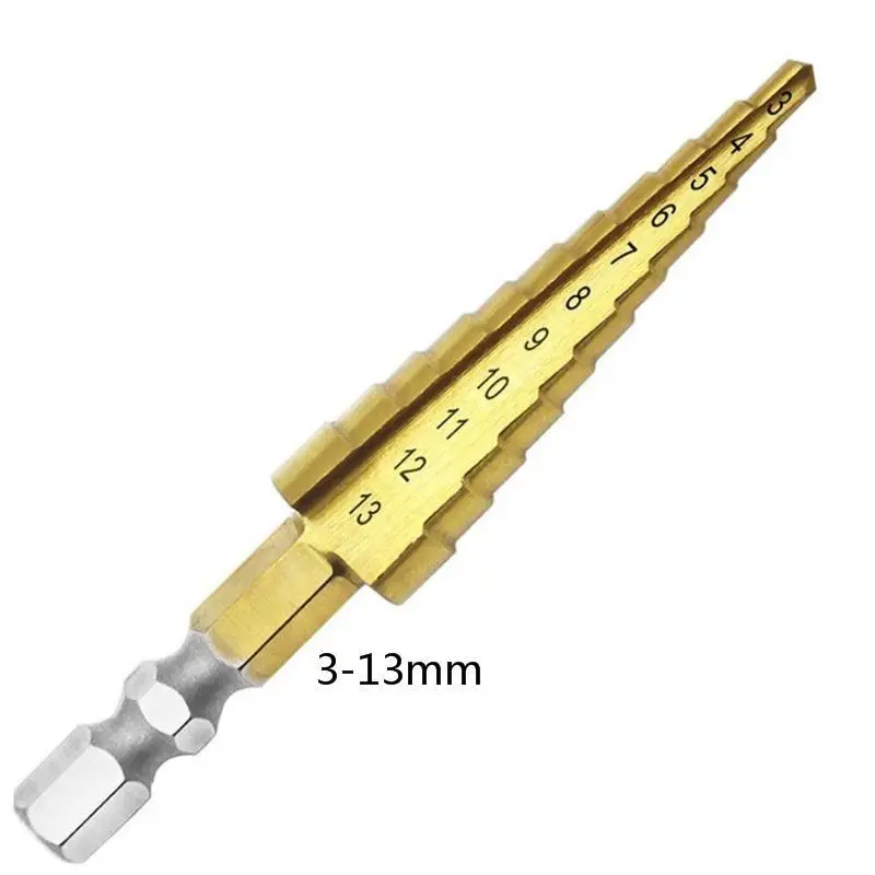 

HSS Step Cone Taper Drill Bit Set Hole Cutter Metric 3-13mm 1/4" Titanium Coated Metal Hex Shank Stepped Centering Drill Bits