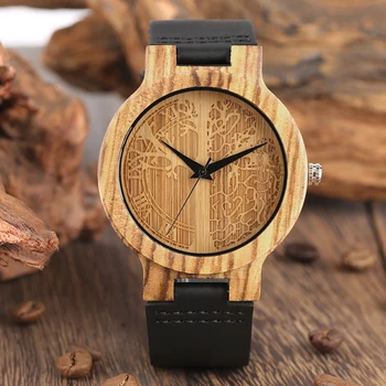 

Life Tree Dial Timepieces Wooden Watches Round Dial Handmade Quartz Wood Watch Soft Leather Strap Clock Gifts for Men