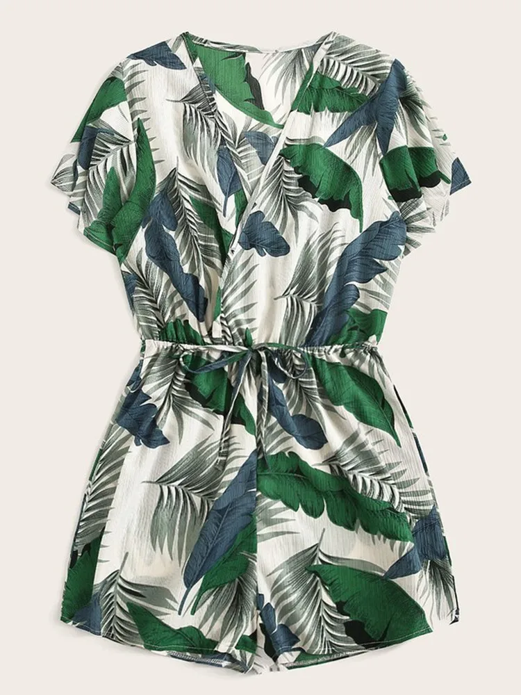 

Women Tropical Drawstring Bohemian Playsuit Print Loose Playsuit Summer Fashion V-neck Playsuit Female Beach Wear Playsuit