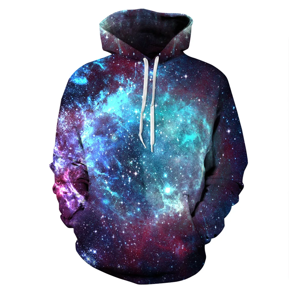 Blue Starry Sky Print Hoodies Men Hoodie with Hat Round Neck Loose Sweatshirt Pullover Sudaderas Para Hombre Streetwear